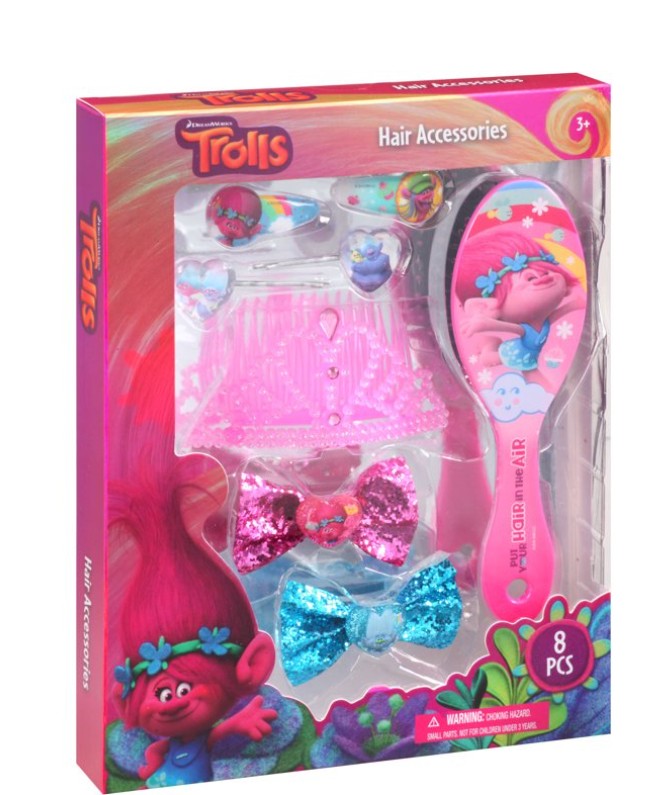DreamWorks Trolls hair accessories set in packaging with Poppy on the brush

