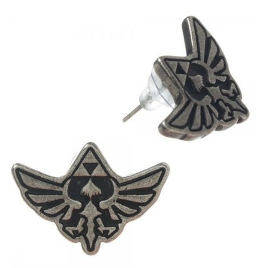 Front view of silver Hylian Crest earrings


