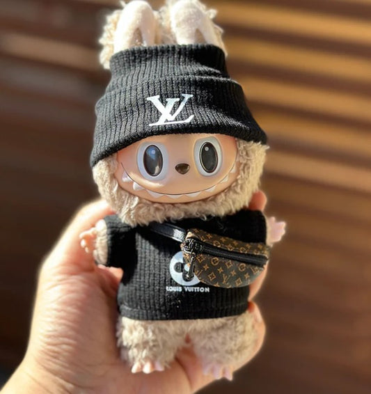 3-Piece Labubu Doll Outfit Set - Beanie, T-Shirt & Fanny Bag (LV-Inspired)