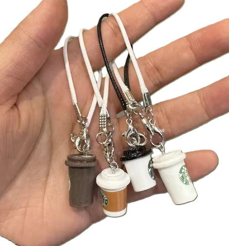 4-piece mini Starbucks-style coffee cup charm set – fits Labubu dolls or use as phone/bag keychain
