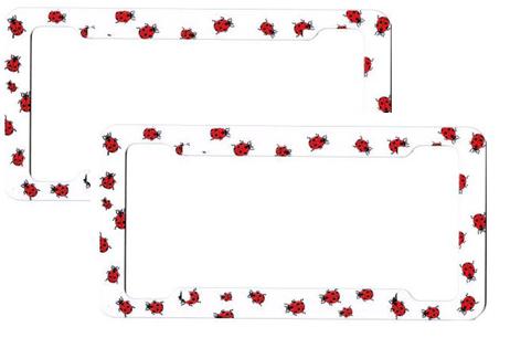Ladybug car license plate cover set of 2 with clear plastic frame and cute red ladybug design
