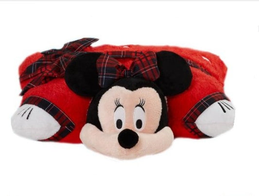 Front view of Minnie Mouse winter edition plush with plaid accents

