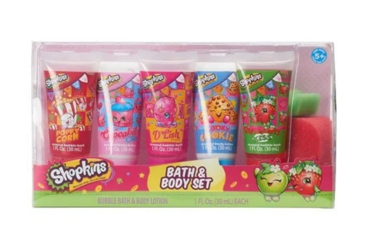 Shopkins 5-Piece Scented Bath & Body Set – Bubble Bath, Lotion & Sponge (30mL Each)