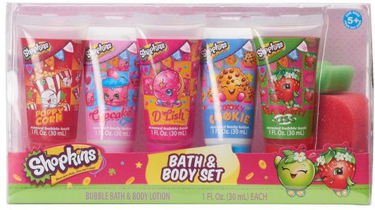 Shopkins 5-Piece Bath & Body Set with Bubble Bath, Body Lotion, and Sponge – Includes Poppy Corn, D’Lish, Cupcake Chic, Kooky Cookie, and Strawberry Kiss Characters

