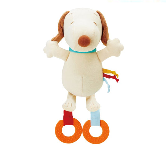 Peanuts by Schulz Snoopy infant teether plush with soft body, teether rings, and colorful ribbon tags


