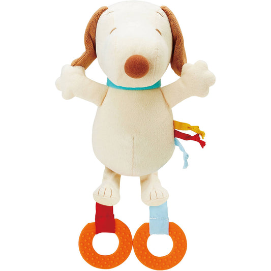 Peanuts by Schulz Snoopy infant teether plush with soft body, teether rings, and colorful ribbon tags

