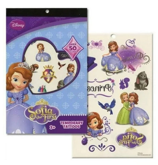 Sofia the First temporary tattoo book with 4 themed sticker sheets – perfect for party favors.

